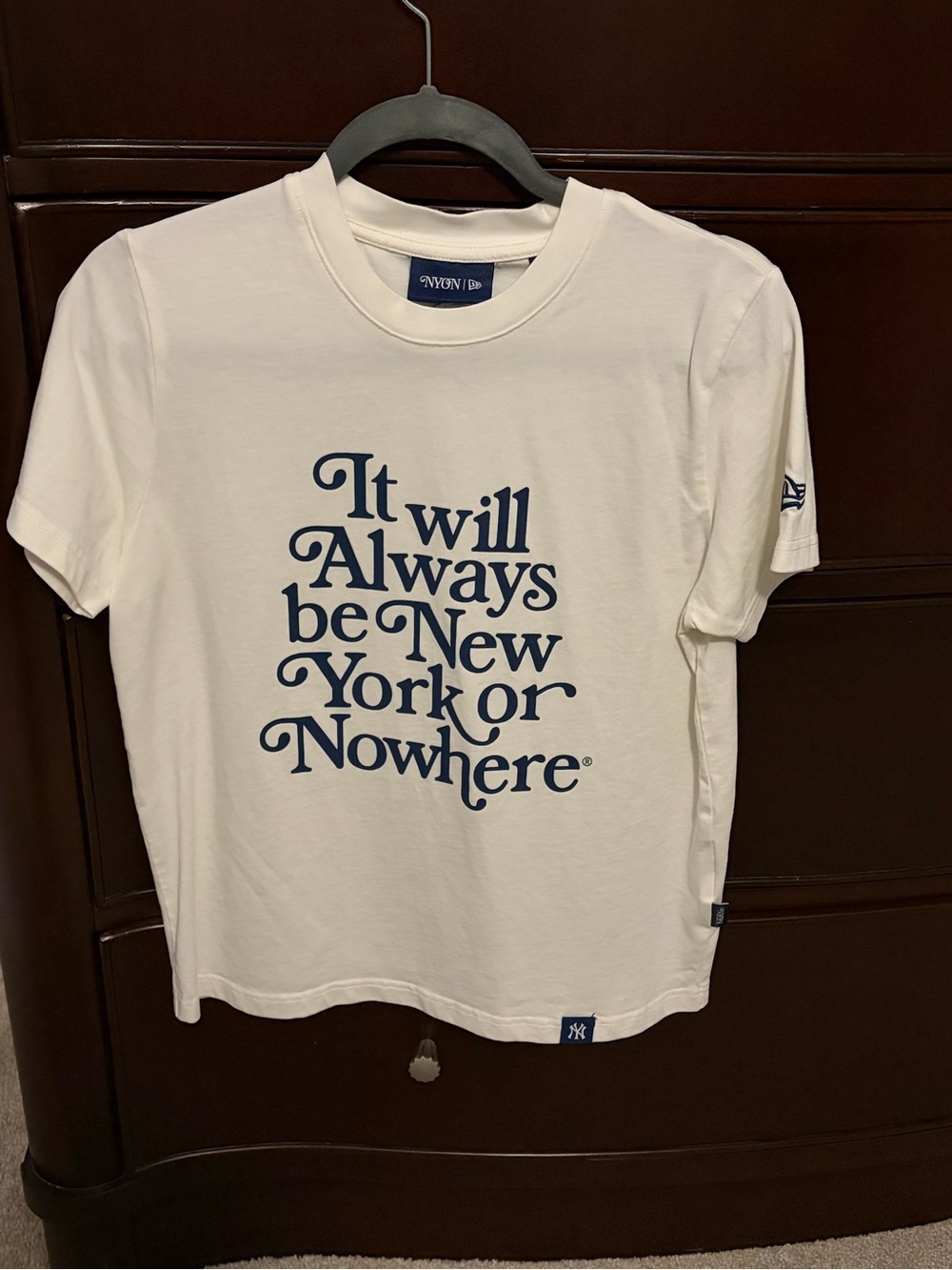 NYC White Short Sleeve Tee with Navy Script Graphic
